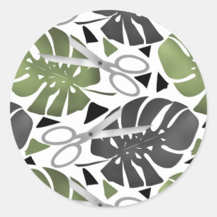 Tropical print monstera leaves scissors jungle exo classic round sticker