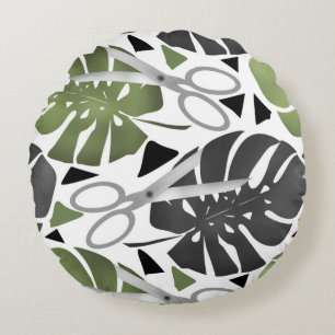 Tropical print monstera leaves scissors jungle exo round cushion