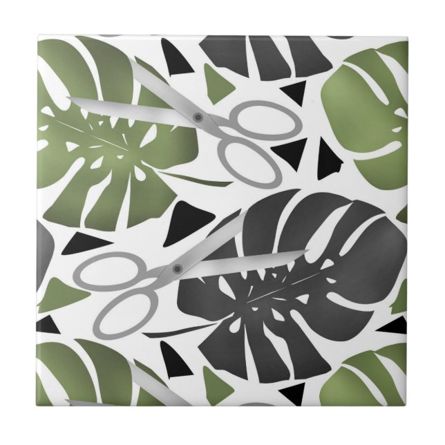 Tropical print monstera leaves scissors jungle exo tile (Front)