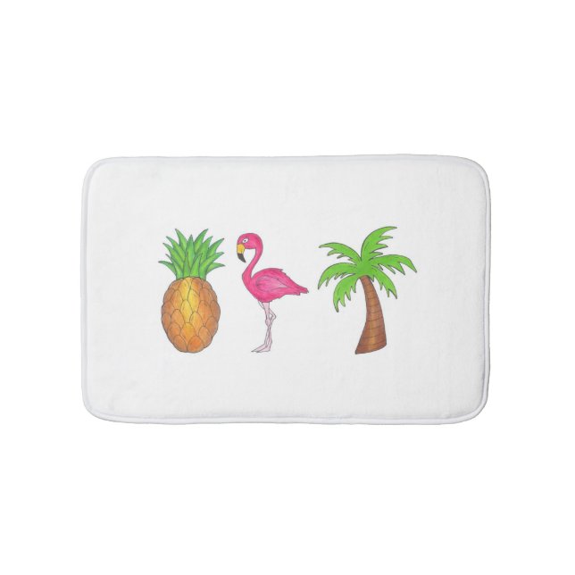 Tropical Print Palm Tree Pineapple Pink Flamingo Bath Mat (Front)