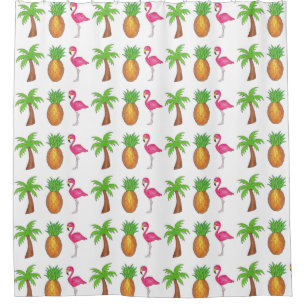 Tropical Print Palm Tree Pineapple Pink Flamingo Shower Curtain