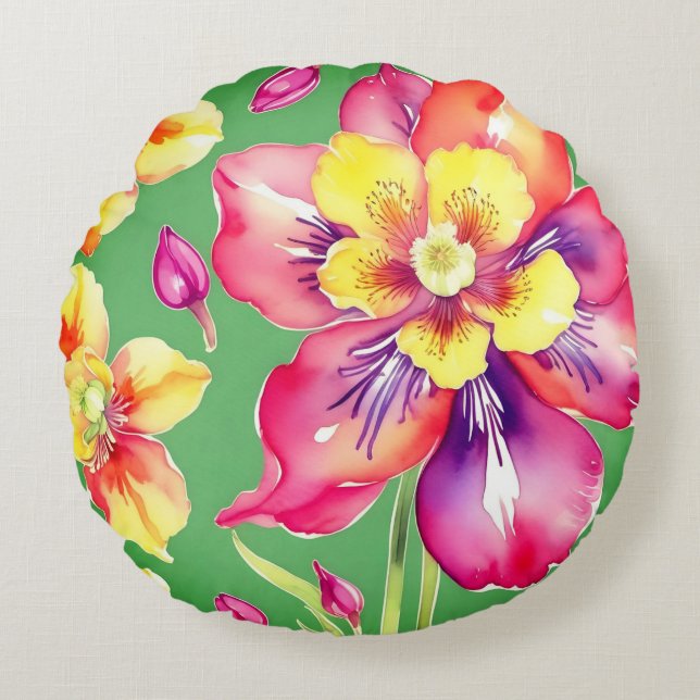 Tropical Print Round Throw Pillow (Front)