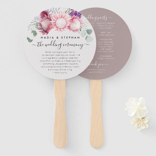 Tropical Protea and Eucalyptus Wedding Program Hand Fan (Front and Back)