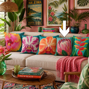Tropical Protea Flower Painting Teal Cushion
