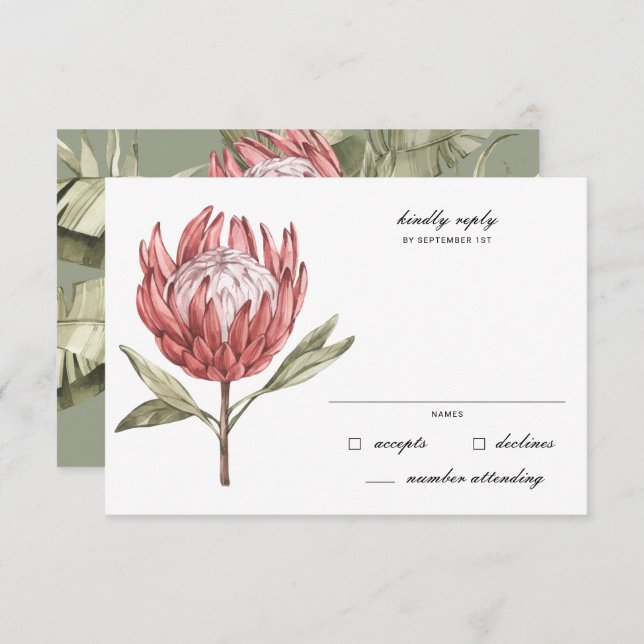 Tropical Protea Palm Leaf Wedding RSVP Card (Front/Back)