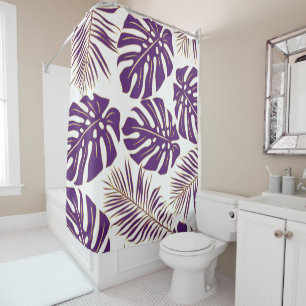 Tropical purple and gold monstera and palm leaves shower curtain
