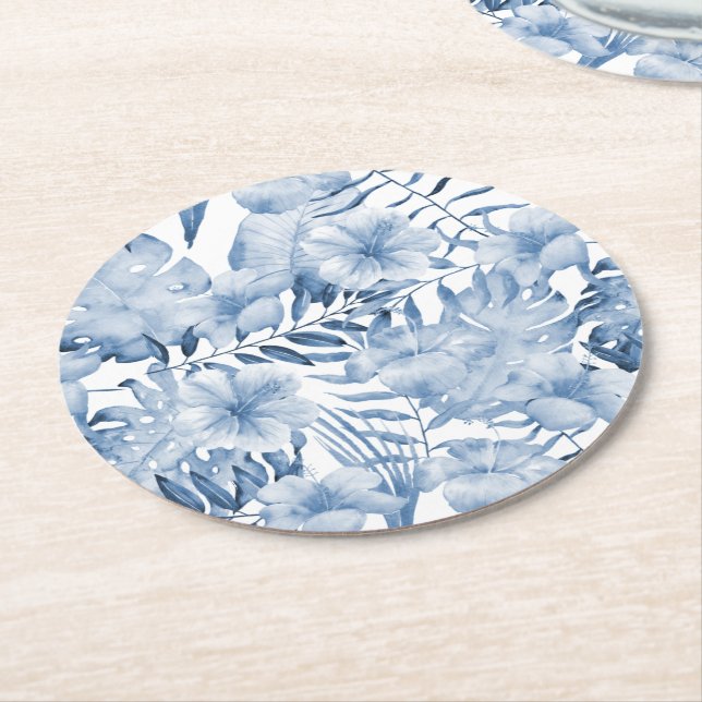 Tropical Purple Blue Floral Leaves Bridal Shower Round Paper Coaster (Angled)
