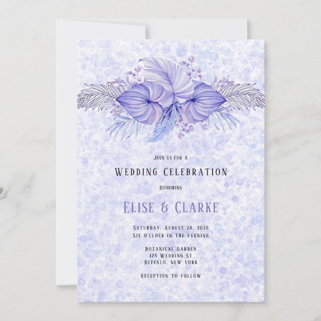 Tropical Purple Blue Palm Leaves Wedding  Invitation (Front)