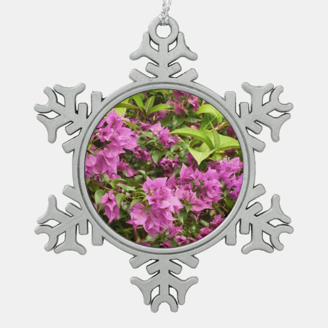 Tropical Purple Bougainvillea Floral Snowflake Pewter Christmas Ornament (Front)