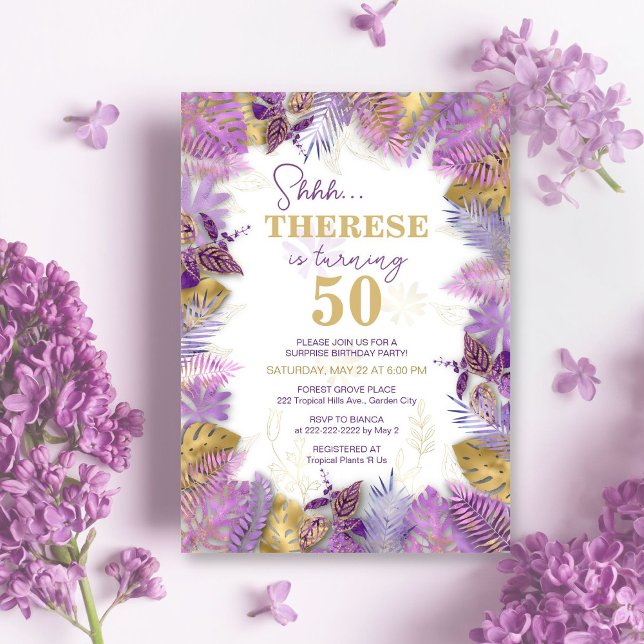 Tropical Purple Gold Surprise 50th Birthday Invitation (Creator Uploaded)