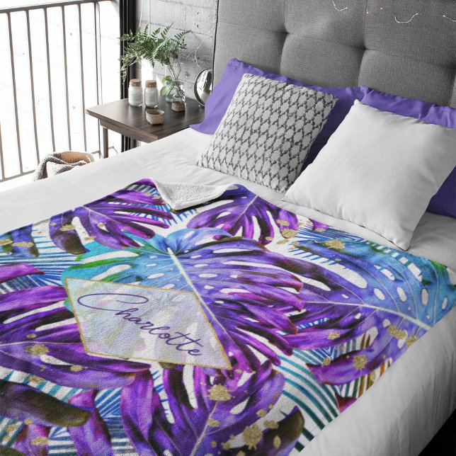 Tropical Purple Monstera Leaf Pattern Modern Fleece Blanket (Creator Uploaded)