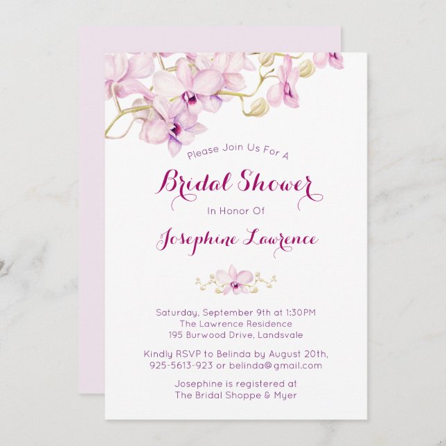 Tropical Purple Orchid Bridal Shower Invitation (Front/Back)