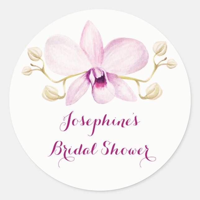 Tropical Purple Orchid Floral Bridal Shower Classic Round Sticker (Front)