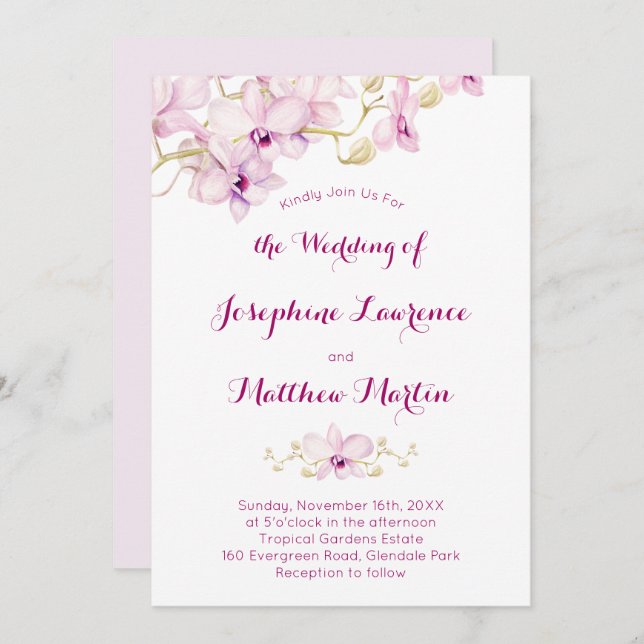 Tropical Purple Orchid Flower Wedding Invitation (Front/Back)