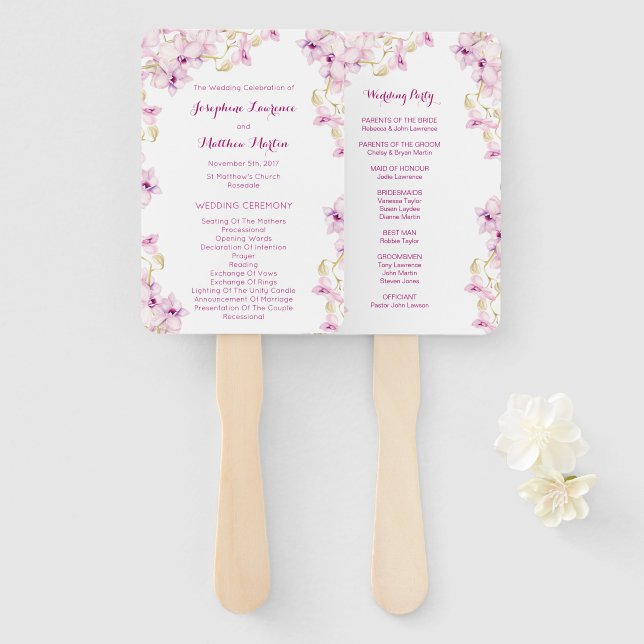 Tropical Purple Orchid Wedding Ceremony Programs Hand Fan (Front and Back)