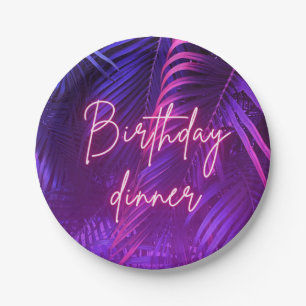 Tropical Purple Palm Leaf Birthday Dinner Paper Plate