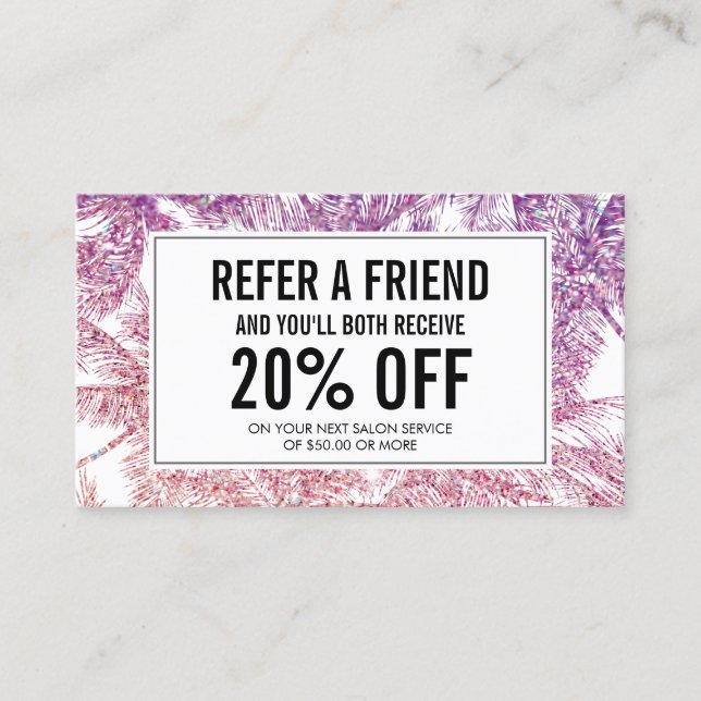 Tropical Purple/Pink Glitter Palms Referral Card (Front)