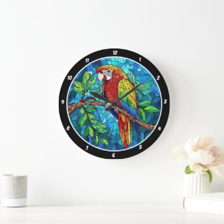 Tropical Radiance" - Stained Glass Macaw Large Clock