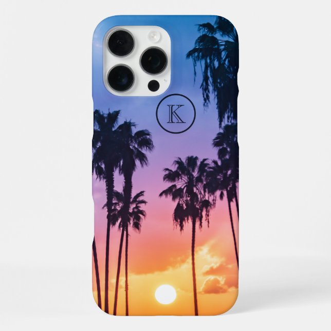 Tropical Rainbow Colour Palm Tree Sunset Monogram iPhone Case (Back)