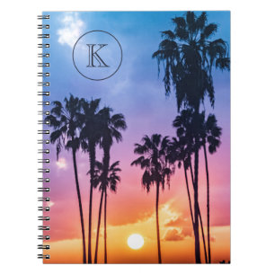 Tropical Rainbow Colour Palm Tree Sunset Monogram Notebook