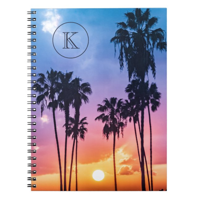 Tropical Rainbow Colour Palm Tree Sunset Monogram Notebook (Front)
