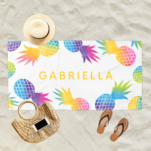 Tropical Rainbow Pineapple Personalised Yellow Beach Towel