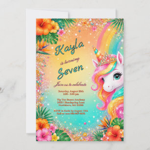 Tropical Rainbow Unicorn Floral Girls Birthday Invitation