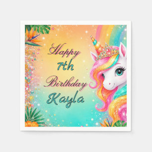 Tropical Rainbow Unicorn Floral Girls Birthday Napkin