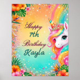 Tropical Rainbow Unicorn Floral Girls Birthday Poster