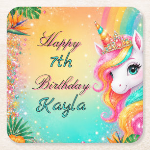 Tropical Rainbow Unicorn Floral Girls Birthday Square Paper Coaster