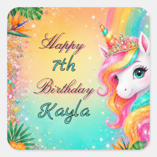 Tropical Rainbow Unicorn Floral Girls Birthday  Square Sticker