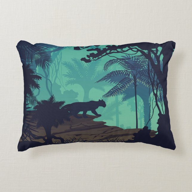 Tropical rainforest, jaguar evening background. decorative cushion (Front)