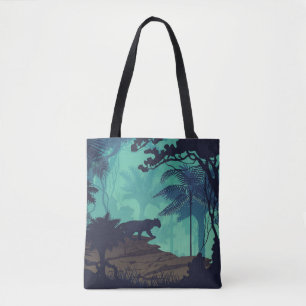 Tropical rainforest, jaguar evening background. tote bag
