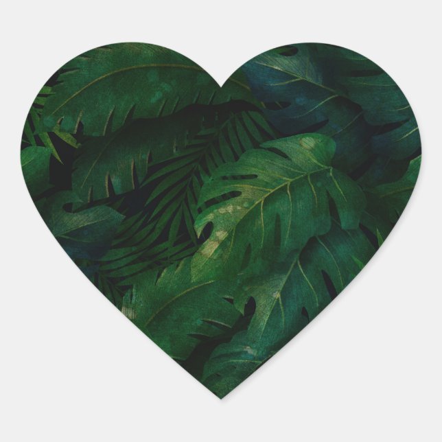 Tropical Rainforest Leafy Green Foliage Heart Sticker (Front)