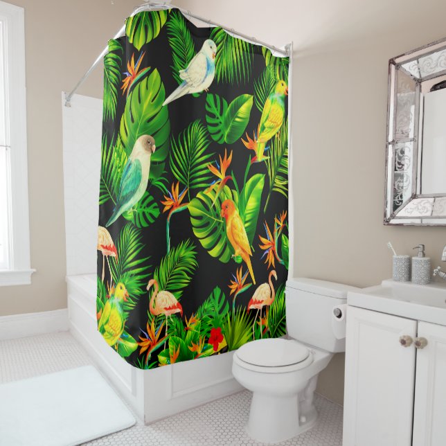 Tropical rainforest leaves birds   shower curtain (In Situ)