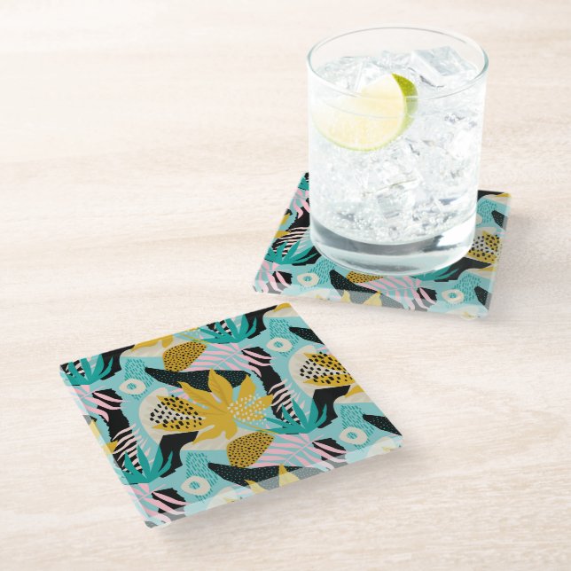Tropical Rainforest Leaves Pattern Glass Coaster (Angled)