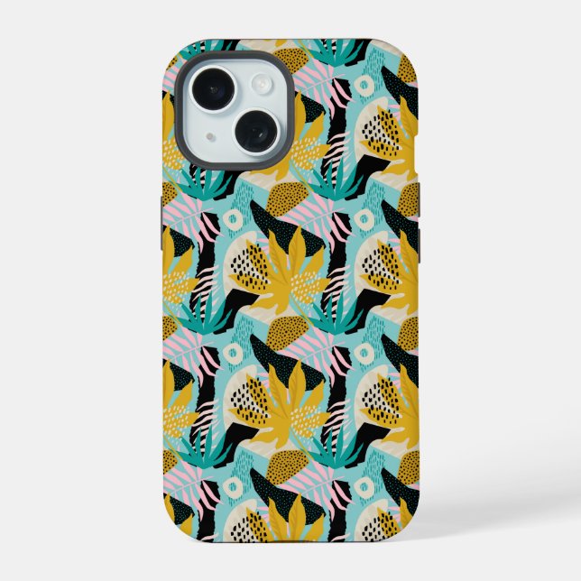 Tropical Rainforest Leaves Pattern iPhone 15 Case (Back)