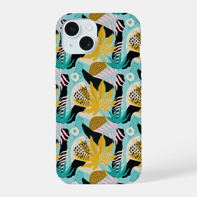 Tropical Rainforest Leaves Pattern iPhone 15 Case (Back)