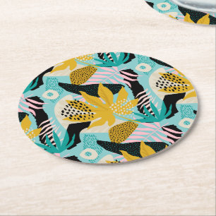 Tropical Rainforest Leaves Pattern Round Paper Coaster