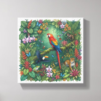 Tropical Rainforest Macaw Toucan Jaguar Art Canvas Print