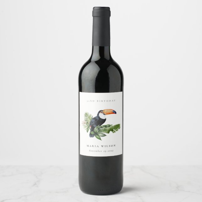 Tropical Rainforest Toucan Fauna Any Age Birthday Wine Label (Front)