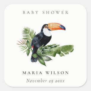 Tropical Rainforest Toucan Foliage Baby Shower Square Sticker