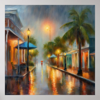 Tropical Rainy Street with Lady and Red Umbrella Poster