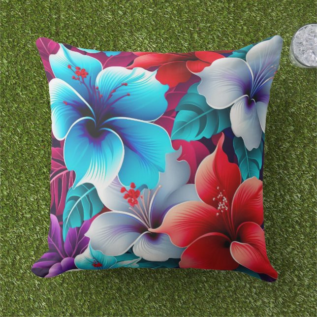 Tropical Red And Blue Hibiscus Flowers Cushion (Grass)