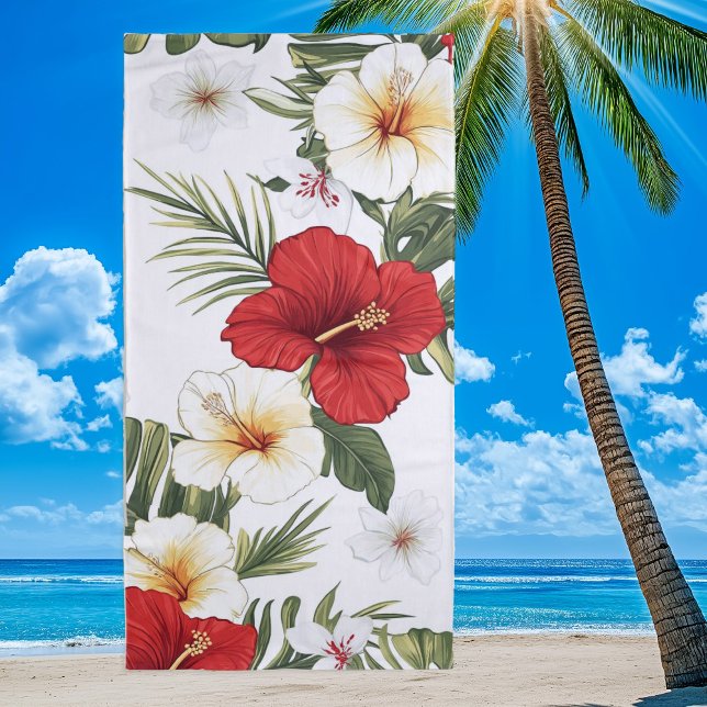 Tropical Red and White Hibiscus Floral Beach Towel (Creator Uploaded)