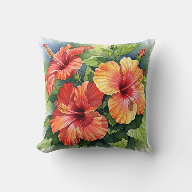 Tropical Red and Yellow Hibiscus Watercolor Floral Cushion (Front)