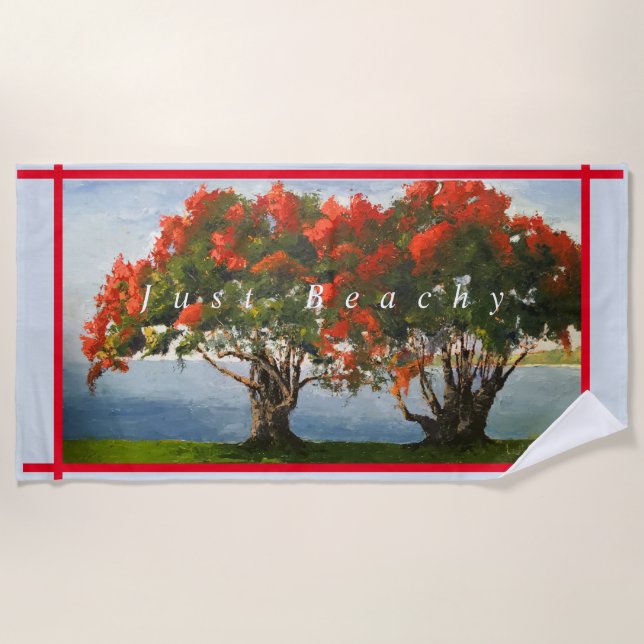 Tropical Red Fire Tree Painting |Just Beachy Beach Towel (Front)