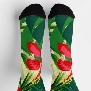 Tropical red flowers and leaves print socks