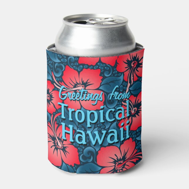 Tropical red flowers on navy can cooler (Can Front)