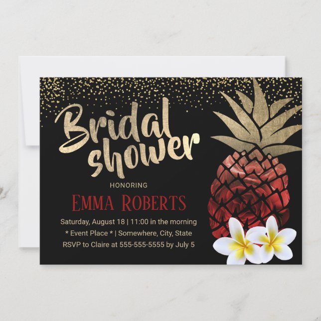Tropical Red & Gold Pineapple Beach Bridal Shower Invitation (Front)